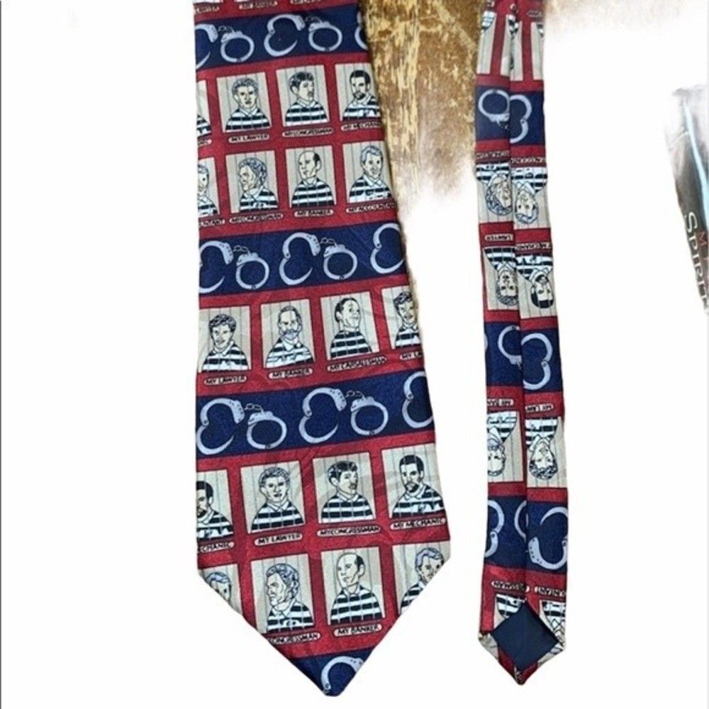Novelty Mugshot Handcuffs Silk Tie Navy Red Lawyer Congressman Banker Humor‎